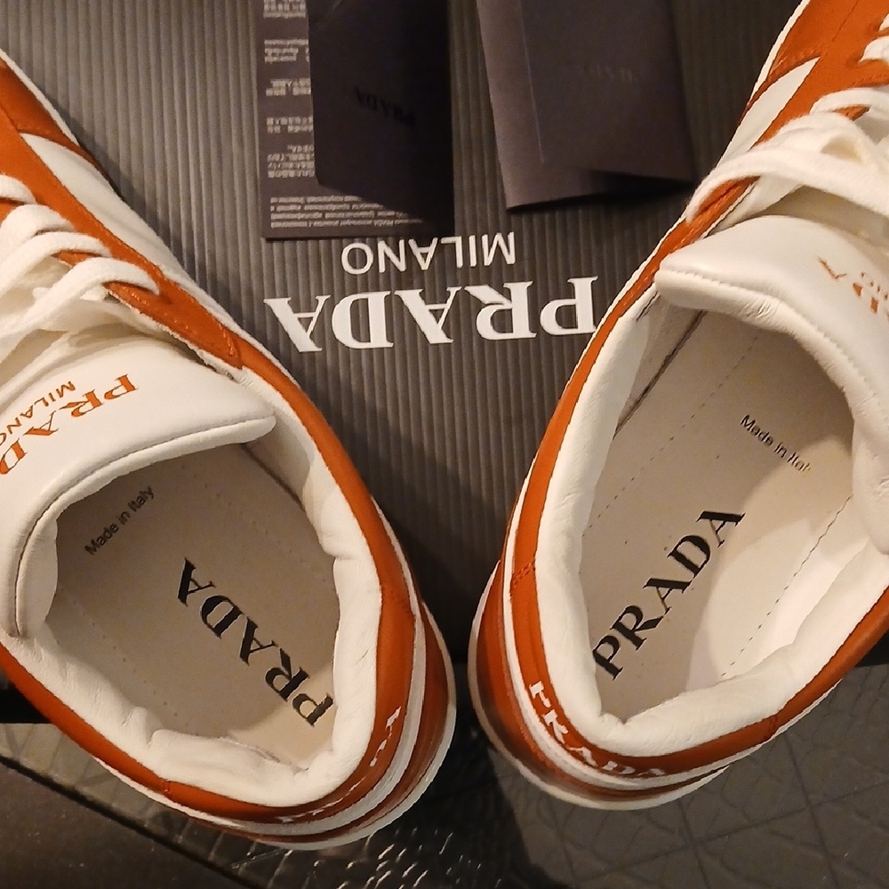 Prada Men's Downtown Low Top White and Orange Sneakers - Picture 8 of 14